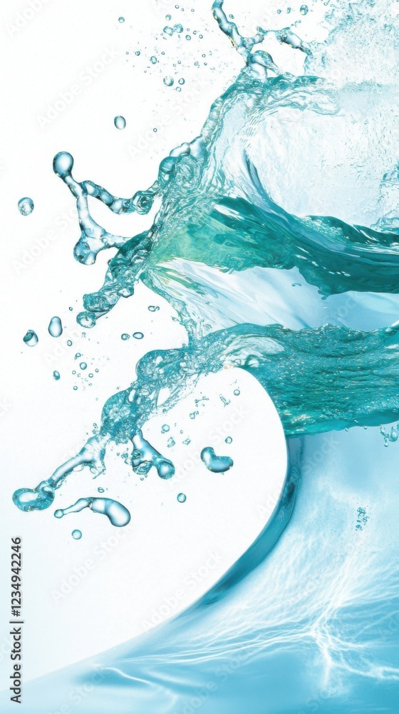 Obraz premium A dynamic swirl of blue water with small bubbles, isolated on a white background, creating a fresh and invigorating visual effect.