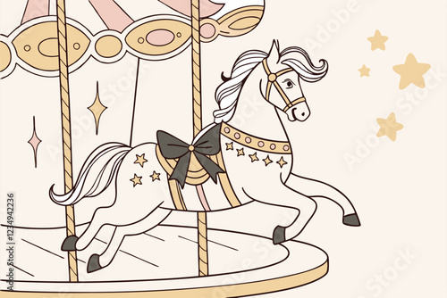Digital drawing of a carousel horse, white with gold accents, standing on a circular platform with a golden pole in the center. The horse has a flowing mane and tail with gold highlights, and is adorn