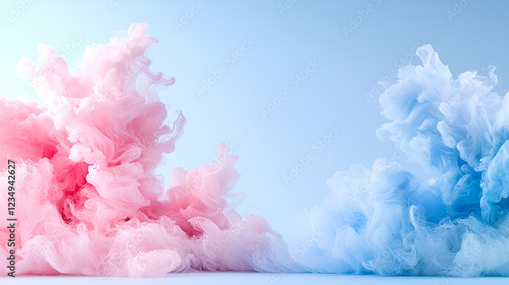 Fototapeta premium Pink and blue ink clouds swirling and mixing in clear water against a light blue background.