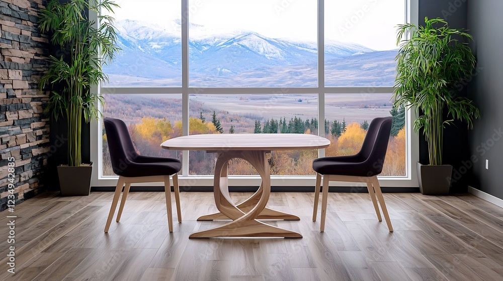 Fototapeta premium Modern interior with a wooden table and chairs, overlooking a scenic mountain landscape