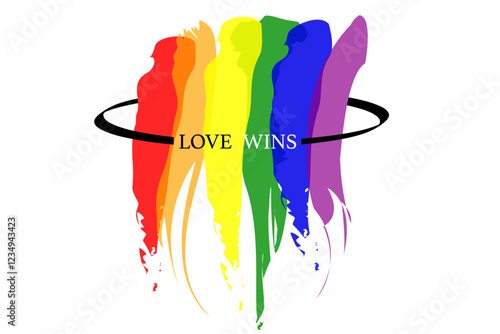 Love Wins watercolor poster design for celebration of LGBTI rights and parades with rainbow colors. Hand drawn colorful lgbt logo brush strokes. Vector isolated on white background