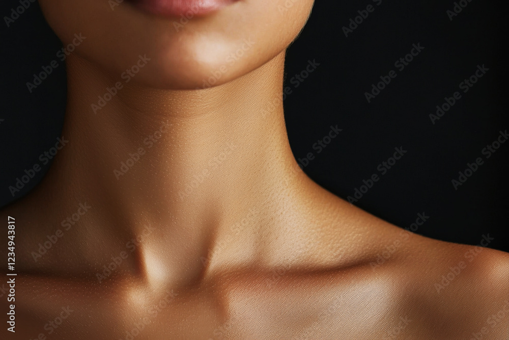 Close-up of a smooth neckline highlighting collarbones against a dark background Close-up of a smooth neckline highlighting collarbones against a dark background