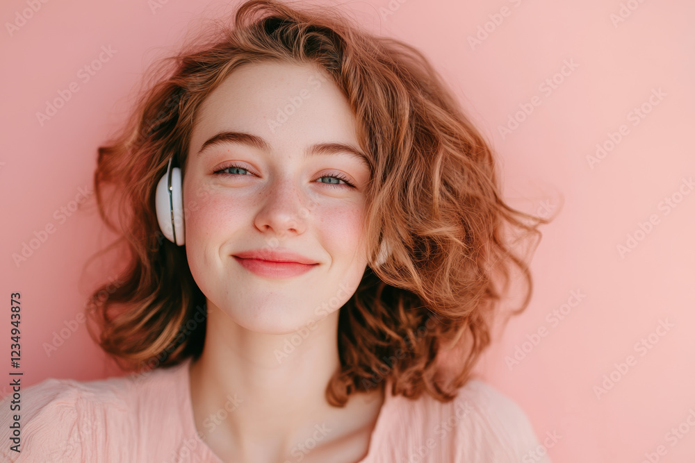 Naklejka premium Cheerful caucasian young adult woman with curly hair wearing headphones smiling against pink background