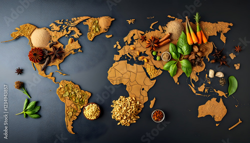 Spices and herbs around the world in the shape of a world map on a dark background. Top view. Creative photo banner, enhance, with white tones