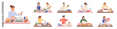 Cook in kitchen. Food preparation at home. Chef man bakes cakes. Family cooking. Breakfast meal on table. Homemade dinner. Culinary dish. Cutting salad vegetables. Cartoon people garish vector set