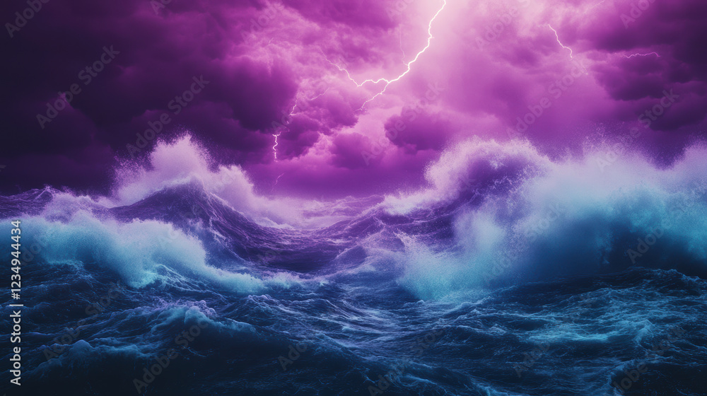 Obraz premium Dramatic ocean storm with vivid purple lightning and turbulent waves under dark cloudscape atmospheric scene