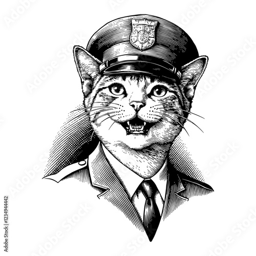 Smiling Cat Wearing Police Uniform Hat in Black and White Outline Line Art Drawing