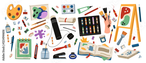 Paint art supplies. Brush tools, artist craft, different pen. Icon flat painting, painter school, hobby paintbrush. Creative stationery, handmade sketchbook vector tidy cartoon flat style isolated set