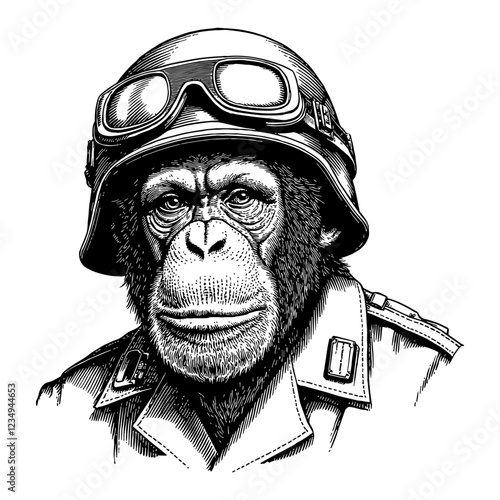 Chimpanzee Military Costume Helmet Detailed Black and White Outline Line Art Drawing