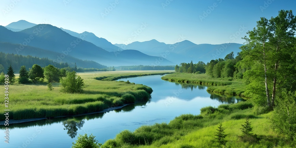 Tranquil River in Lush Green Valley - High Detail Nature Scene Tranquil River in Lush Green Valley - High Detail Nature Scene