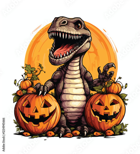 A close up of a cartoon dinosaur with a pumpkin in its mouth generative ai
