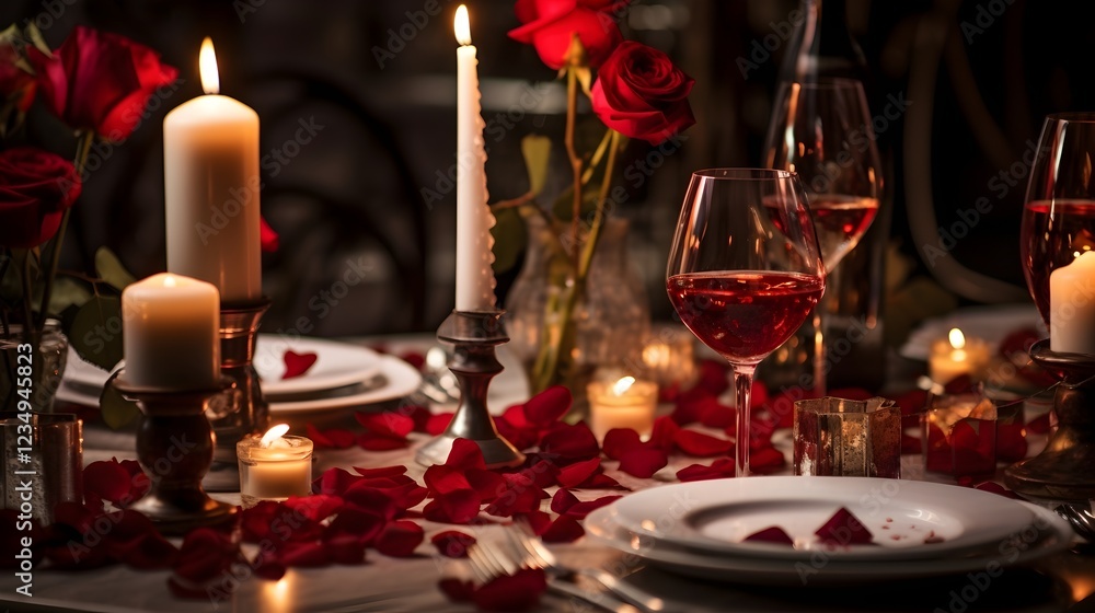 Romantic Candlelit Dinner Table Setting with Red Roses and Wine Glasses Romantic Candlelit Dinner Table Setting with Red Roses and Wine Glasses