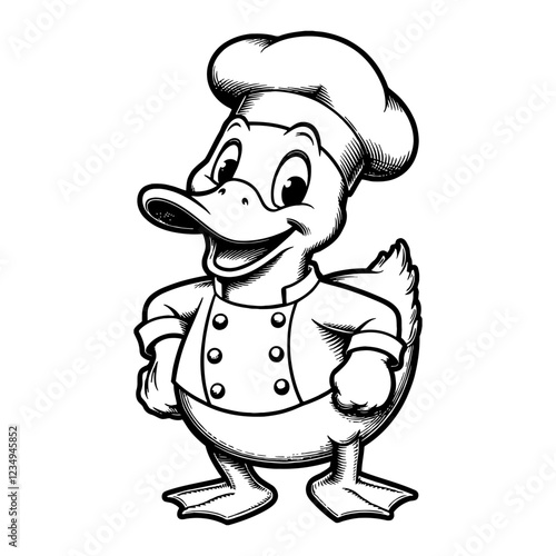 Smiling Duck Humanoid Wearing Chef's Hat and Costume Black and White Outline Line Art Drawing