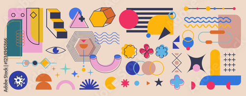 Pattern element design. Abstract geometric forms. Graphic line shapes. Modern retro geometry. Minimalist style decor. Trendy logo texture. Simple figures composition. Vector Memphis art background