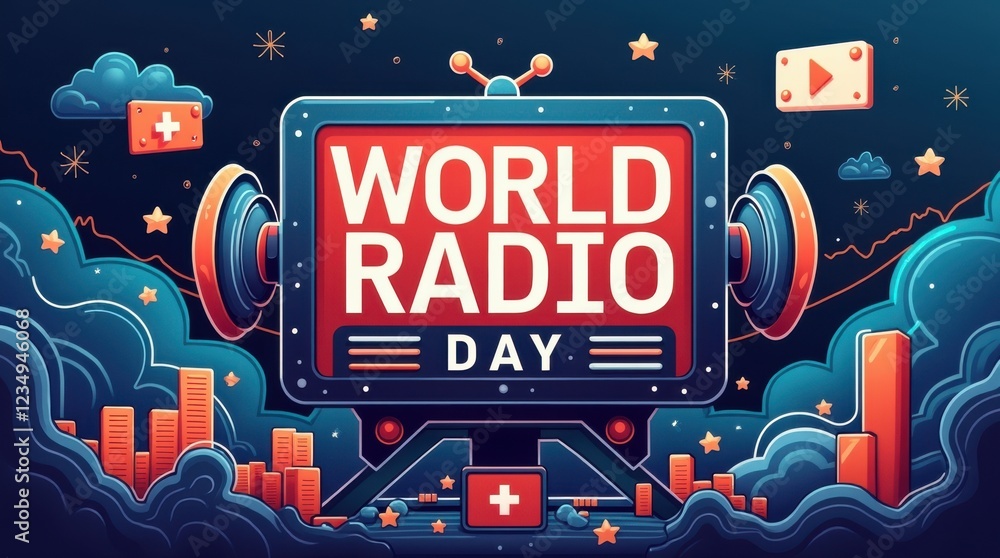 Obraz premium World radio day celebration global broadcasting digital art vibrant environment creative viewpoint voice of radio waves