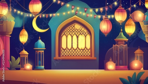 Festive Arabian Night Scene Lantern Lights Illuminated Window Architecture Background