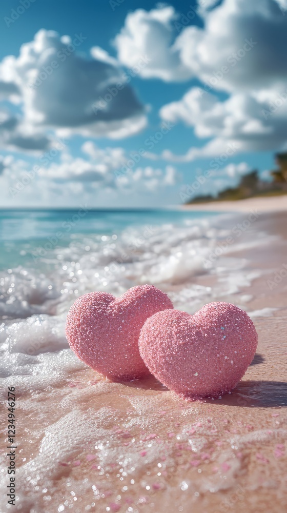 Two Pink Hearts Sit On A Beach, Waves Lapping Gently Around Them.  A Romantic, Idyllic Scene.