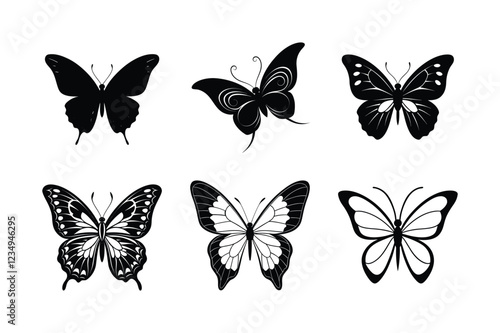 Set of 6 Elegant Butterfly Silhouette Vector Illustrations