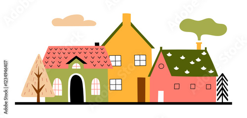 City street. Cute childish decor, nursery print. Kids poster or banner. Different colorful homes, simple cityscape. Tiny architecture, doodle drawing. Vector cartoon flat style isolated illustration