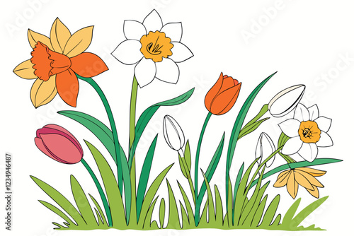 Wallpaper Mural Vibrant spring flowers, colorful tulips, white daffodils, orange blossoms, green grass, botanical arrangement, cheerful floral display, realistic nature photography, high resolution, bright colors, wh Torontodigital.ca
