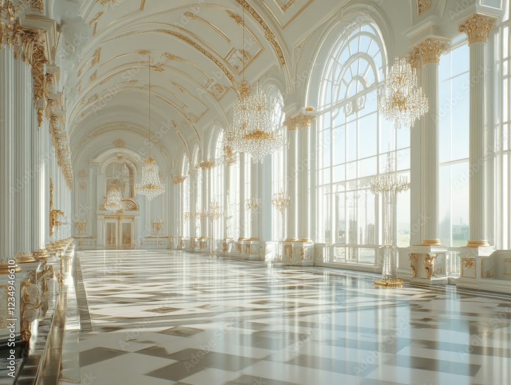 Obraz premium A spacious, elegant room with large arched windows, bathed in light. The vintage style features ornate chandeliers and a classic, airy atmosphere.