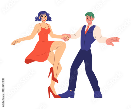 Dancing couple. Man and woman dancers. Romantic leisure time or hoppy. Choreographic studio characters. Waltz, latino or rumba. Boy and girl on party. Cartoon flat style isolated vector illustration
