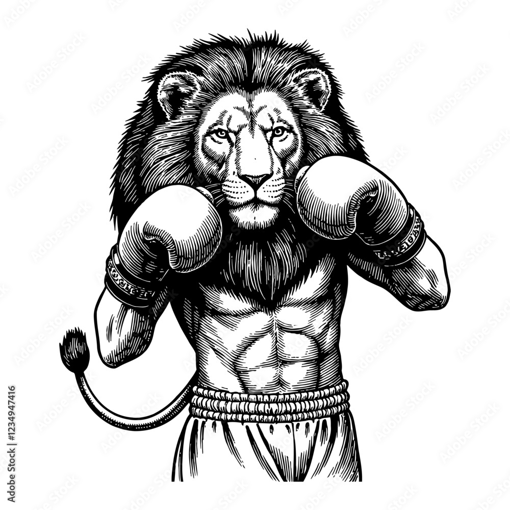 Fototapeta premium Lion Boxing with Gloves in Punching Pose Detailed Black and White Outline Line Art Drawing