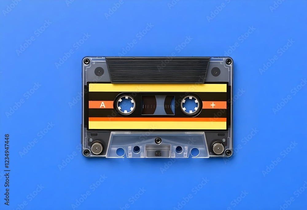 Obraz premium Audio cassette tape isolated on blue background, Vintage retro gadgets