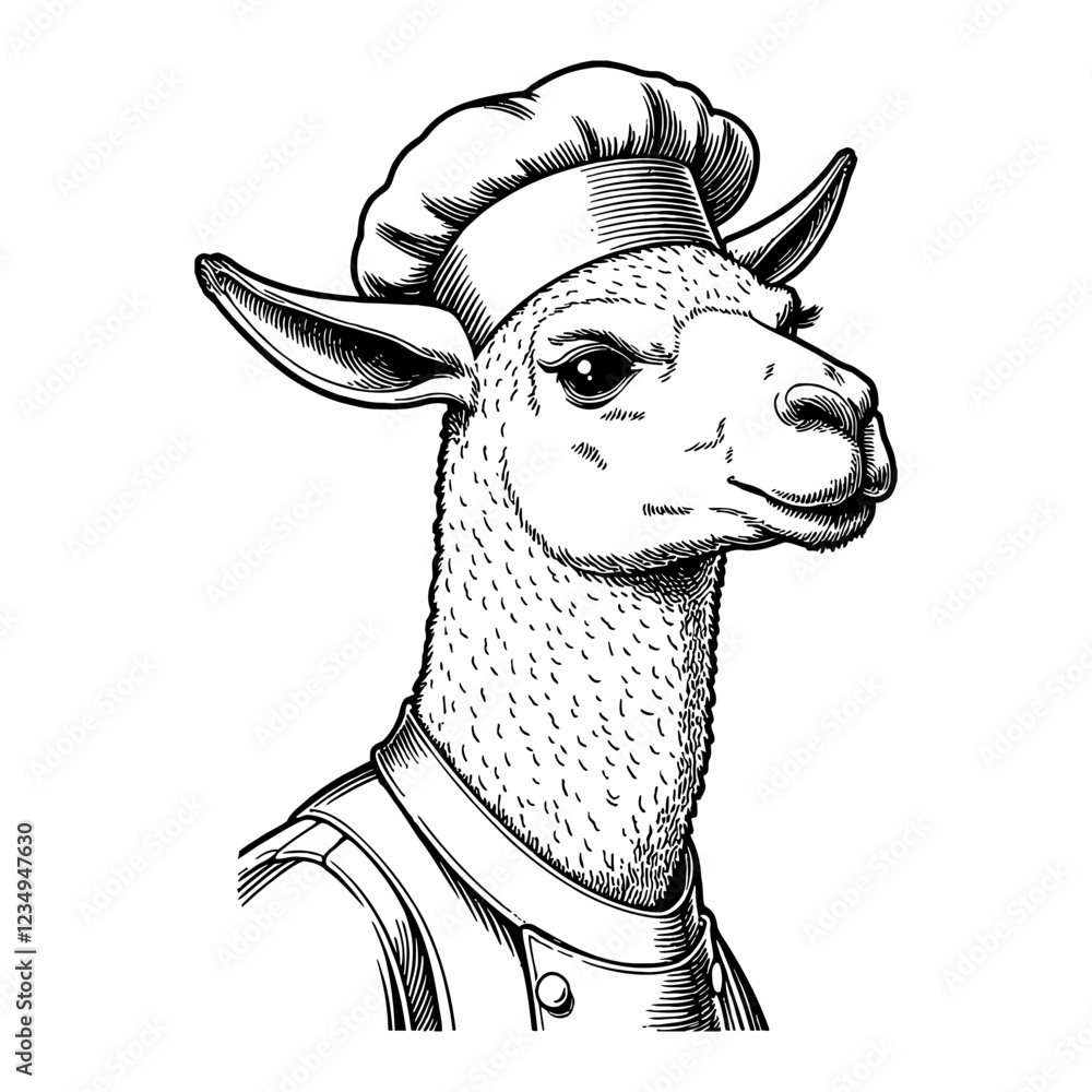 Fototapeta premium Llama Chef Smiling in Detailed Black and White Outline Line Art Drawing with Cook Costume