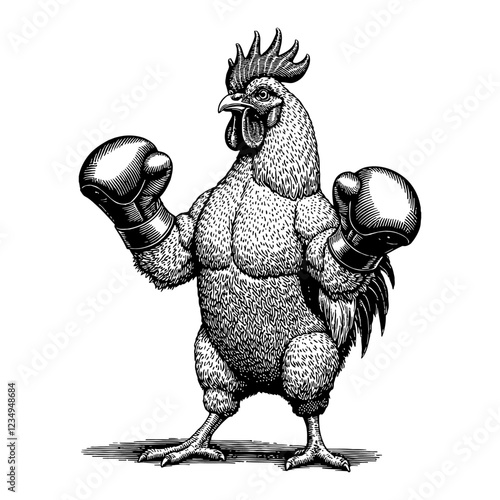 Rooster with Boxing Gloves in Punching Pose Black and White Outline Line Art Drawing
