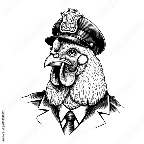 Detailed Rooster Humanoid Police Officer in Black and White Outline Line Art Drawing