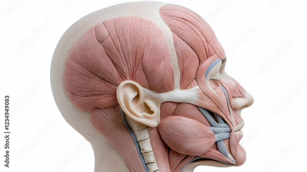 Obraz premium Human head anatomy model, profile view, detailed muscles, white background, medical education