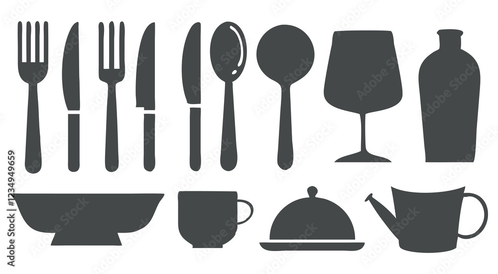 Simple Silhouette Set of Dining and Kitchen Utensils Simple Silhouette Set of Dining and Kitchen Utensils