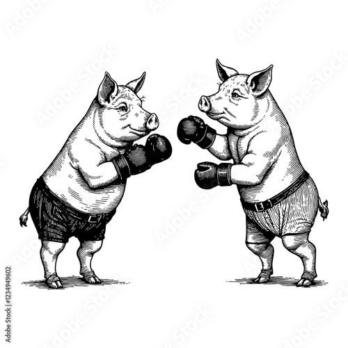 Two Pigs Boxing Match in Black and White Outline Line Art Drawing with Boxing Gloves and Pants