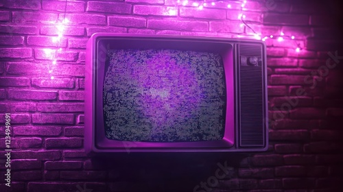 Retro TV Static Brick Wall Purple Lights photo