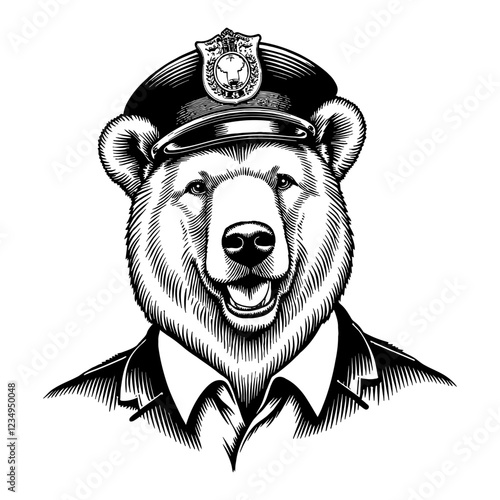 Smiling Bear Head Wearing Police Hat and Suit in Black and White Outline Line Art Drawing