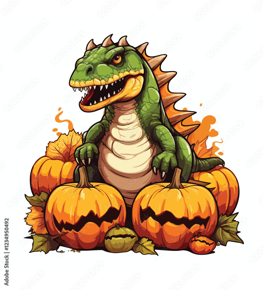 Naklejka premium A close up of a cartoon dinosaur with a pumpkin in its mouth generative ai 