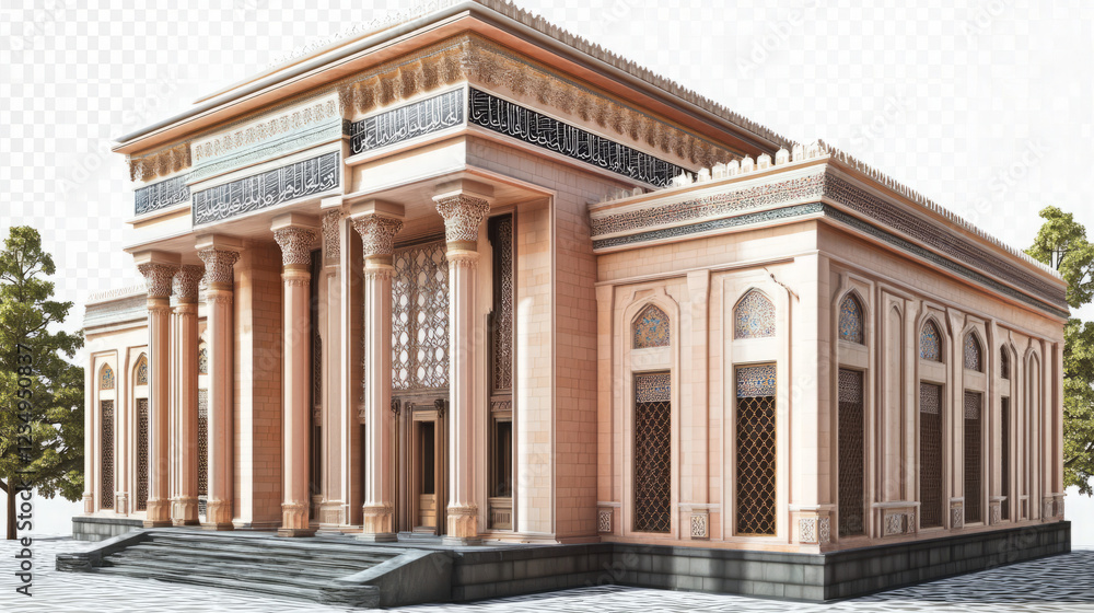 Obraz premium modern islamic architecture design featuring mosque exterior rendering and ornate arabesque details in contemporary 3d model visualization with beige stone facade