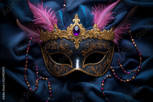 photo de masque de carnaval vénitien, coloré, avec paillettes, strass, sequins et perles, sur fond en tissu de satin, objet décoratif, mardi gras, coutume, costume, festival, célébration, traditionnel