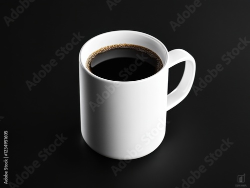 A white coffee cup filled with dark coffee, set against a sleek black background, highlighting its simple elegance. photo