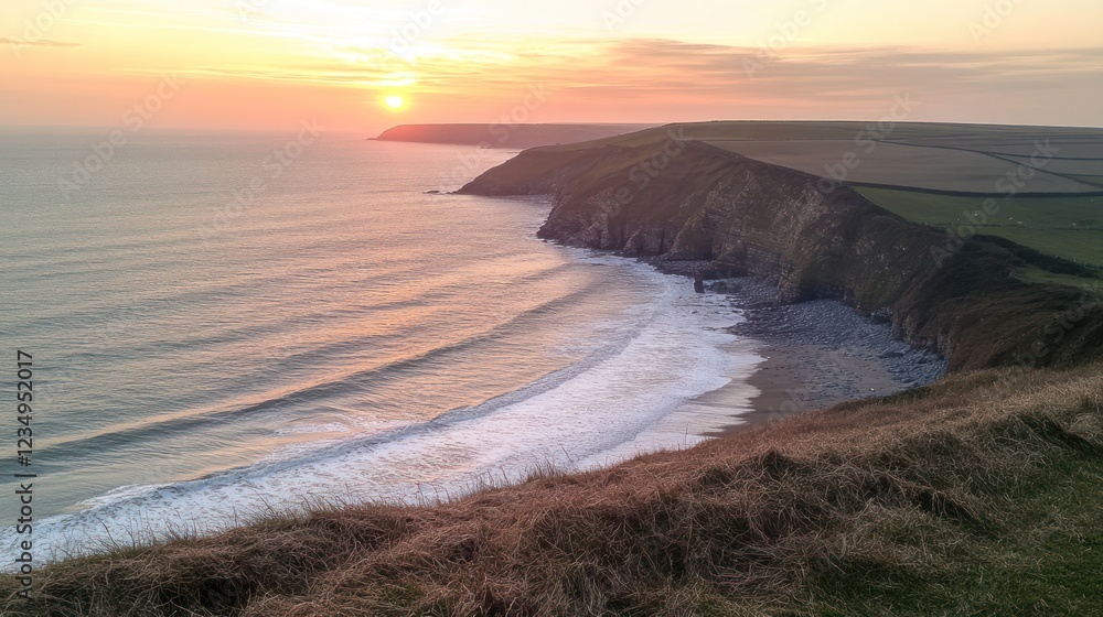 Coastal Sunset Scene Over Dramatic Cliffs and Ocean Waves Coastal Sunset Scene Over Dramatic Cliffs and Ocean Waves