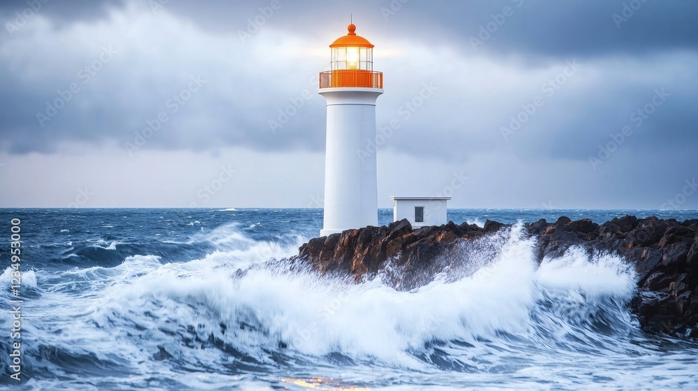 Obraz premium Lighthouse Beacon: Dramatic Coastal Scene in Moody Light