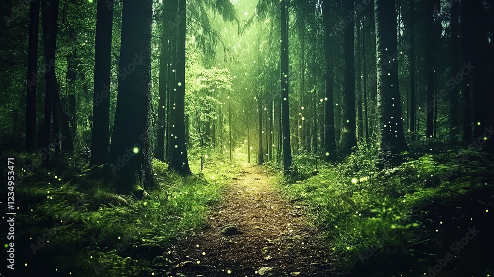 Obraz premium Enchanting forest path, fireflies glowing, mystical background, fantasy setting