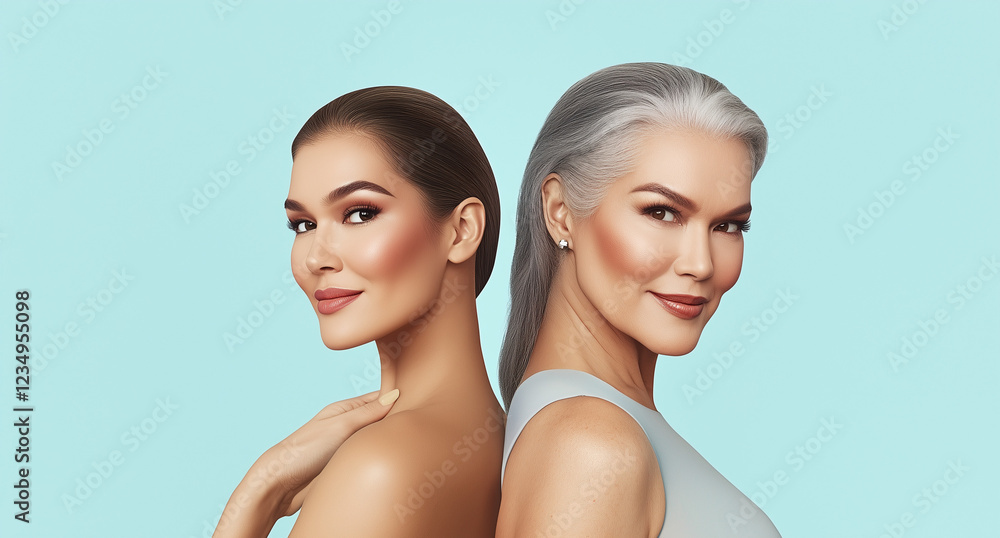 Side-by-Side Portrait of a Young and Mature Woman with Radiant Skin Side-by-Side Portrait of a Young and Mature Woman with Radiant Skin