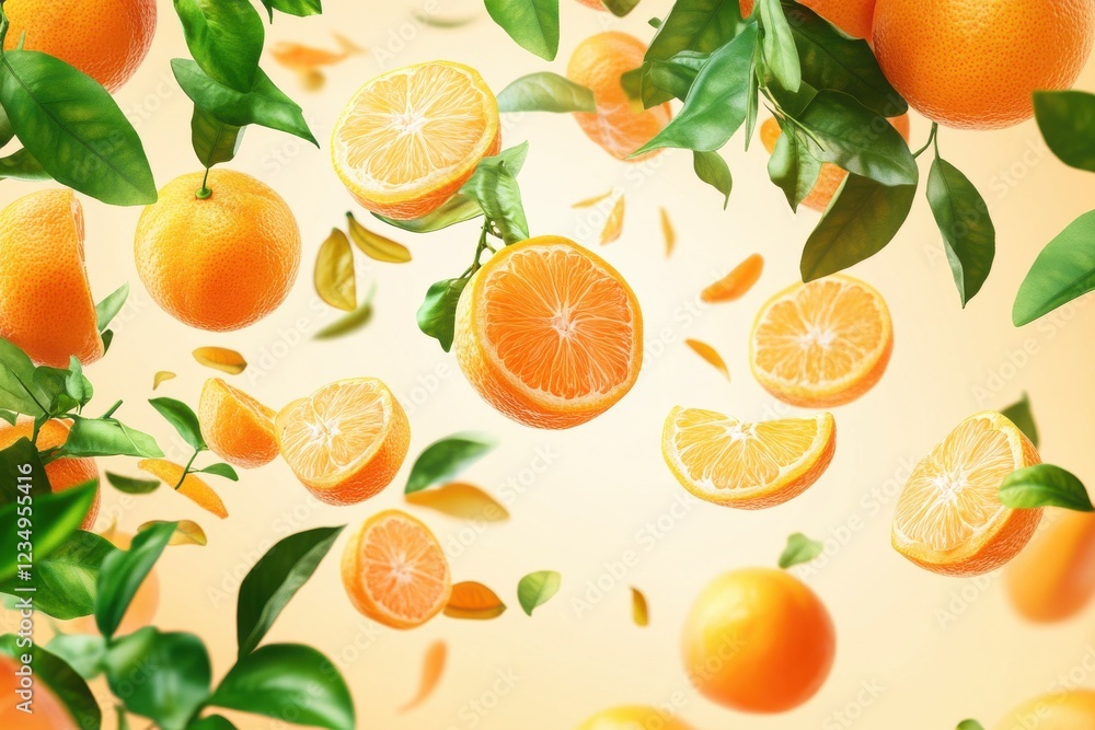 Fresh juicy tangerines and green leaves falling on pale orange background. Citrus fruit Fresh juicy tangerines and green leaves falling on pale orange background. Citrus fruit