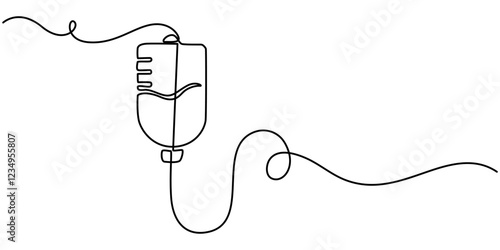 Blood Bag Continuous Line Illustration, IV Bag Infusion icon continuous one line drawing, Infusion one line drawing. Medical saline drip vector illustration, Medical equipment, World health day.