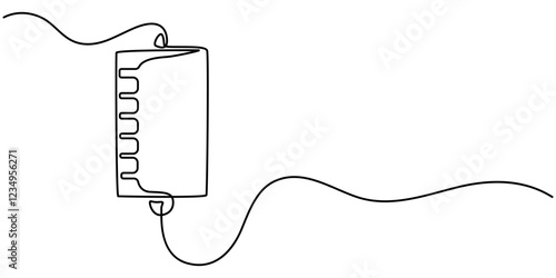 Blood Bag Continuous Line Illustration, IV Bag Infusion icon continuous one line drawing, Infusion one line drawing. Medical saline drip vector illustration, Medical equipment, World health day.