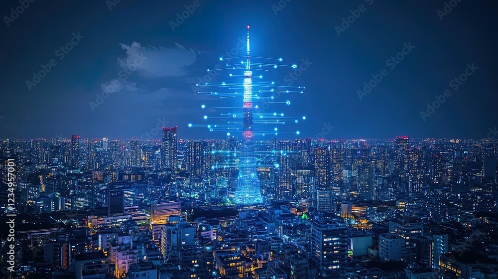 Obraz premium Futuristic city skyline illuminated with glowing network lines representing 5G connectivity, vibrant blue tones 