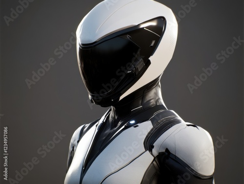 Futuristic astronaut in a sleek spacesuit with a visor, standing against a neutral backdrop. The design is modern and high-tech. photo