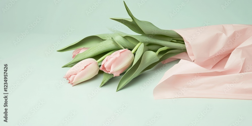 Obraz premium A bouquet of pink tulips is sitting on a green background. The flowers are arranged in a way that they are all facing the same direction, giving the impression of a cohesive and harmonious display